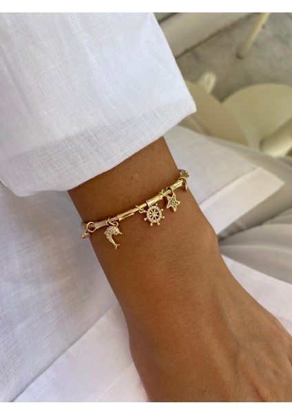 Deniz Yıldızı ve Balık Figür Zirkon Taşlı Charm Ayarlanabilir Açık Gold Bileklik