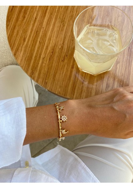 Deniz Yıldızı ve Balık Figür Zirkon Taşlı Charm Ayarlanabilir Açık Gold Bileklik