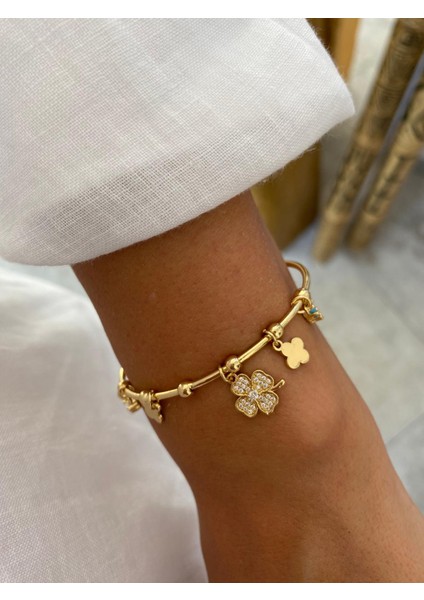 Çiçek ve Yonca Figürlü Zirkon Taş Charm Renkli Ayarlanabilir Açık Gold Bileklik fiyatları