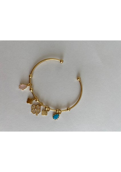 Çiçek ve Yonca Figürlü Zirkon Taş Charm Renkli Ayarlanabilir Açık Gold Bileklik modelleri
