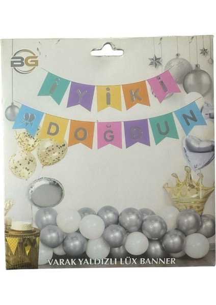 Makaron Renklerde Gümüş Yazı Iyiki Doğdun Lüx Banner