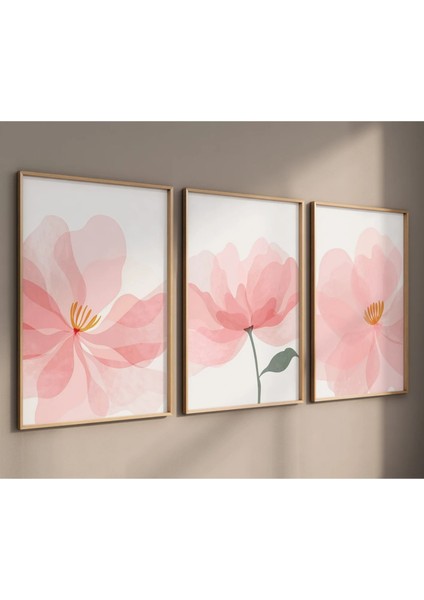 Doğal Ahşap Çerçeveli Uv Baskı 3'lü Pembe Çiçek Desenli Tablo Seti – Modern & Şık Duvar Dekoru