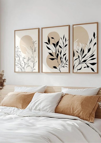 Mc Home Art Doğal Ahşap Çerçeveli Uv Baskı 3'lü Soyut Yaprak Desenli Tablo Seti – Modern & Şık Duvar Dekoru
