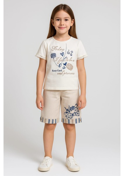 Kısa Kollu Baskılı Tişört ve Keten Şort Kız Çocuk 2'li Takım