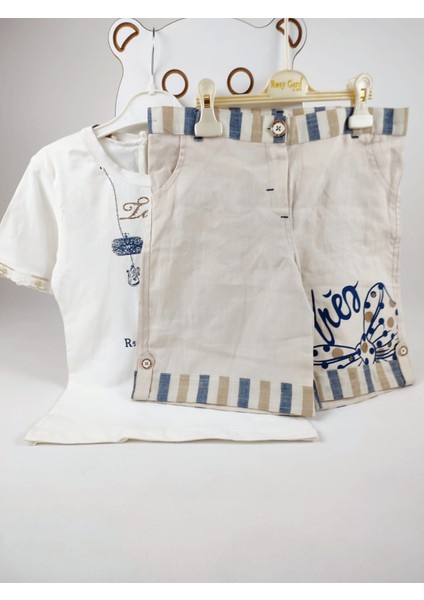 Kısa Kollu Baskılı Tişört ve Keten Şort Kız Çocuk 2'li Takım modelleri