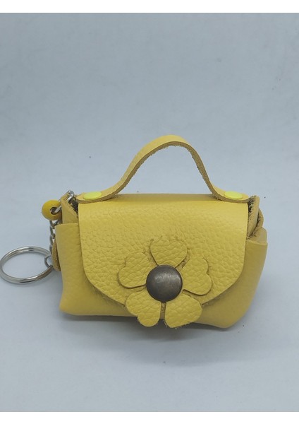 Hakiki Deri El Yapımı Sarı Mini Cüzdan