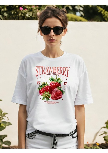 Strawberry Ön Baskılı Oversize T-Shirt Erkek Kadın Pamuk Bisiklet Yaka Tişort