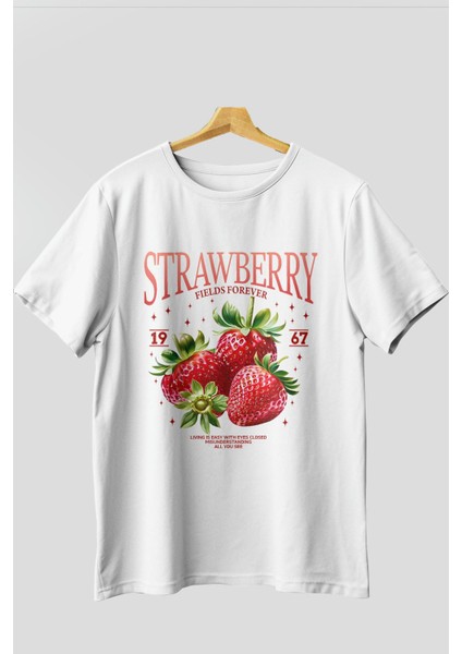 Strawberry Ön Baskılı Oversize T-Shirt Erkek Kadın Pamuk Bisiklet Yaka Tişort modelleri
