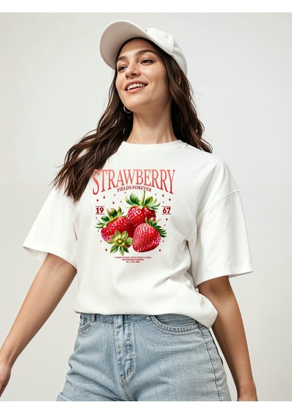 Strawberry Ön Baskılı Oversize T-Shirt Erkek Kadın Pamuk Bisiklet Yaka Tişort fırsatları