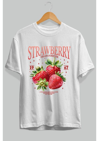 Strawberry Ön Baskılı Oversize T-Shirt Erkek Kadın Pamuk Bisiklet Yaka Tişort indirimleri