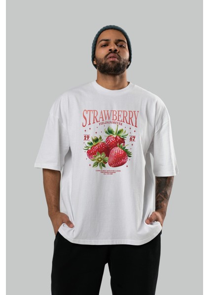 Strawberry Ön Baskılı Oversize T-Shirt Erkek Kadın Pamuk Bisiklet Yaka Tişort