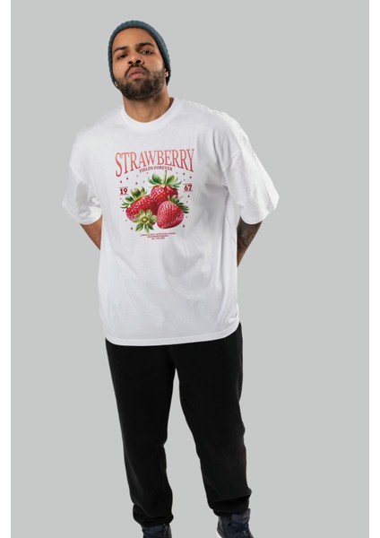 Strawberry Ön Baskılı Oversize T-Shirt Erkek Kadın Pamuk Bisiklet Yaka Tişort