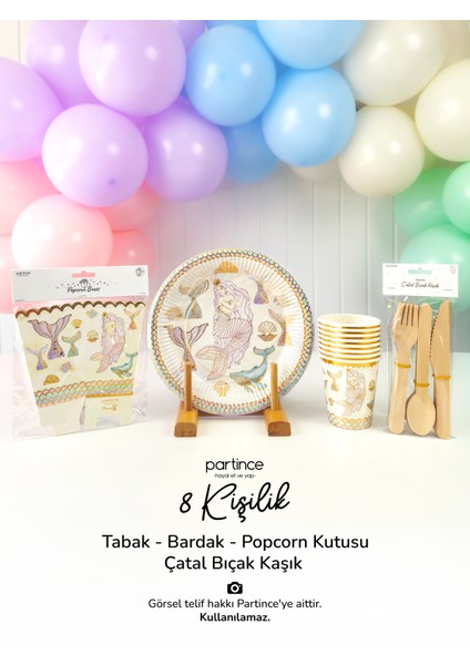 8 Kişilik Makaron Gold Yaldızlı Deniz Kızı Kullan At Karton Popcorn Mısır Kutusu- Mermaid Tabak-Bardak-Çatal Kaşık Bıçak Parti Seti