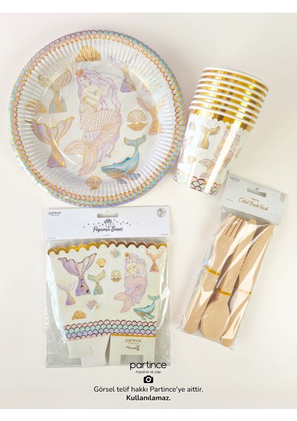 8 Kişilik Makaron Gold Yaldızlı Deniz Kızı Kullan At Karton Popcorn Mısır Kutusu- Mermaid Tabak-Bardak-Çatal Kaşık Bıçak Parti Seti fiyatları