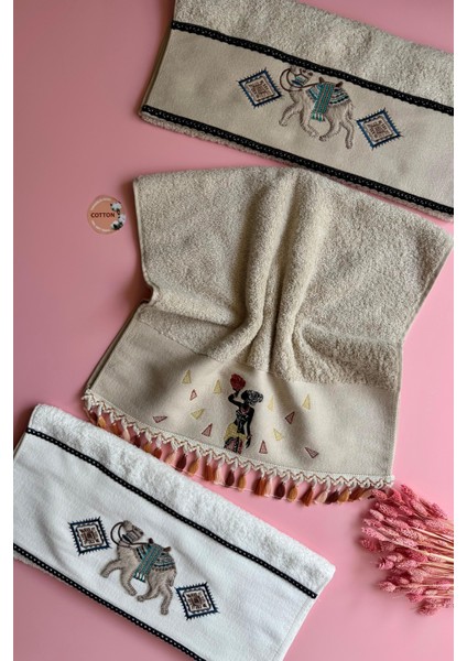 Zahara ve Camel | 3'lü Nakışlı El Havlusu – % 100 Pamuk, Şık, Etnik Tasarım Havlu Seti (50X90 Cm)