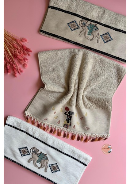 Zahara ve Camel | 3'lü Nakışlı El Havlusu – % 100 Pamuk, Şık, Etnik Tasarım Havlu Seti (50X90 Cm) fiyatları