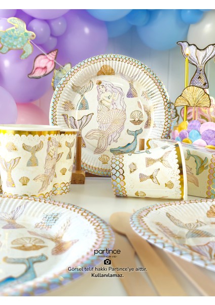 8 Kişilik Makaron Gold Yaldızlı Deniz Kızı Kullan At Karton Popcorn Mısır Kutusu- Mermaid Tabak-Bardak-Çatal Kaşık Bıçak Parti Seti fırsatları