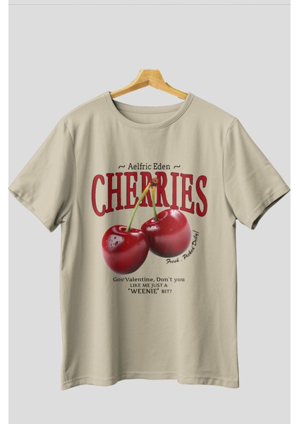Cherry Cherries Ön Baskılı Oversize T-Shirt Erkek Kadın Pamuk Bisiklet Yaka Tişort