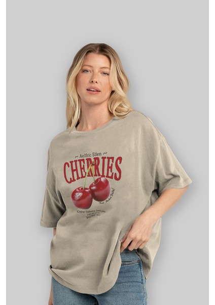 Cherry Cherries Ön Baskılı Oversize T-Shirt Erkek Kadın Pamuk Bisiklet Yaka Tişort modelleri