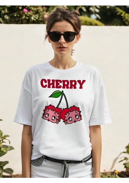 Cherry Cherries 10 Ön Baskılı Oversize T-Shirt Erkek Kadın Pamuk Bisiklet Yaka Tişort