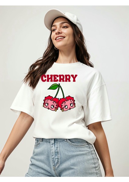 Cherry Cherries 10 Ön Baskılı Oversize T-Shirt Erkek Kadın Pamuk Bisiklet Yaka Tişort fırsatları