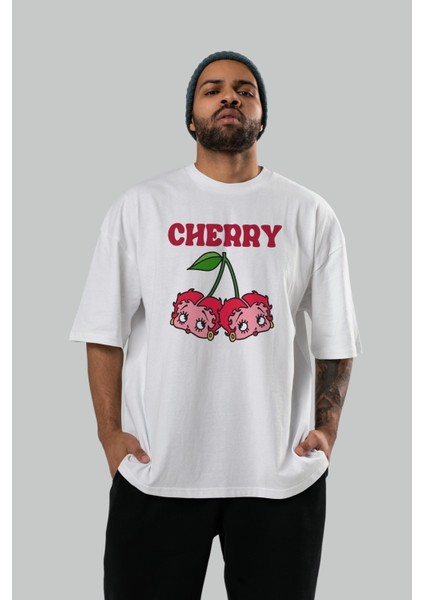 Cherry Cherries 10 Ön Baskılı Oversize T-Shirt Erkek Kadın Pamuk Bisiklet Yaka Tişort