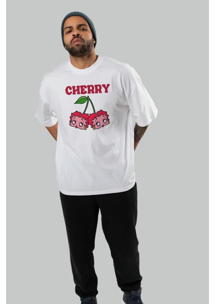 Cherry Cherries 10 Ön Baskılı Oversize T-Shirt Erkek Kadın Pamuk Bisiklet Yaka Tişort