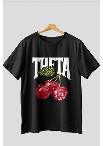 Theta Cherry Cherries Ön Baskılı Oversize T-Shirt Erkek Kadın Pamuk Bisiklet Yaka Tişort