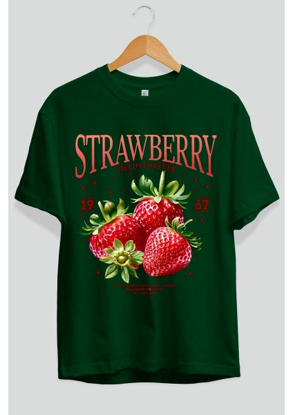 Strawberry Ön Baskılı Oversize T-Shirt Erkek Kadın Pamuk Bisiklet Yaka Tişort