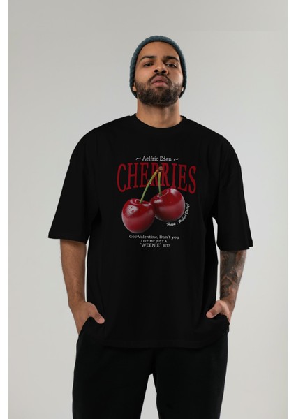 Cherry Cherries Ön Baskılı Oversize T-Shirt Erkek Kadın Pamuk Bisiklet Yaka Tişort fırsatları