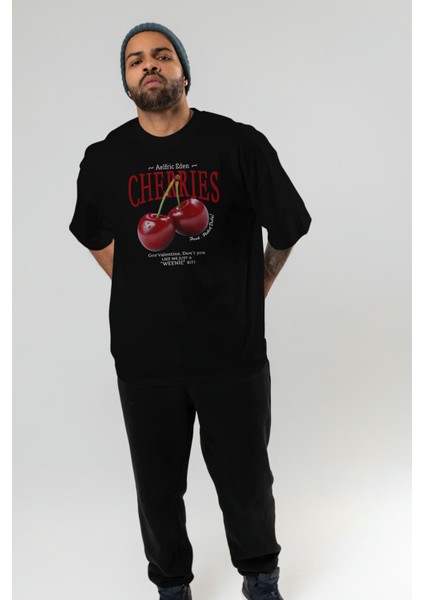 Cherry Cherries Ön Baskılı Oversize T-Shirt Erkek Kadın Pamuk Bisiklet Yaka Tişort indirimleri