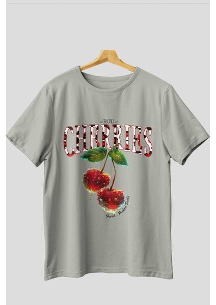 Cherry Cherries 7 Ön Baskılı Oversize T-Shirt Erkek Kadın Pamuk Bisiklet Yaka Tişort