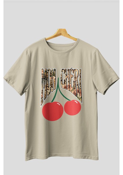 Mon Cherry Cherries Ön Baskılı Oversize T-Shirt Erkek Kadın Pamuk Bisiklet Yaka Tişort