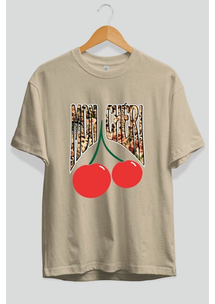 Mon Cherry Cherries Ön Baskılı Oversize T-Shirt Erkek Kadın Pamuk Bisiklet Yaka Tişort fiyatları