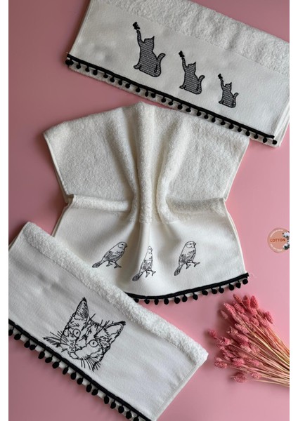 Africa Cat And Bird | 3'lü Nakışlı El Havlusu – %100 Pamuk, Şık, Etnik Tasarım Havlu Seti (50X90 Cm)