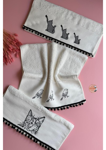 Africa Cat And Bird | 3'lü Nakışlı El Havlusu – %100 Pamuk, Şık, Etnik Tasarım Havlu Seti (50X90 Cm) fiyatları
