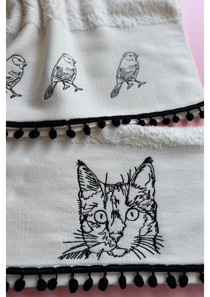 Africa Cat And Bird | 3'lü Nakışlı El Havlusu – %100 Pamuk, Şık, Etnik Tasarım Havlu Seti (50X90 Cm) fırsatları