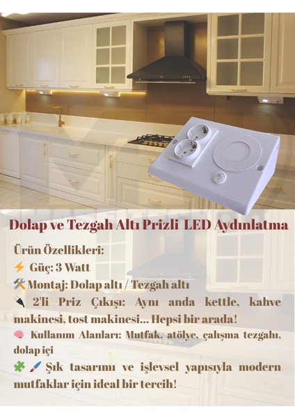 Dolap ve Tezgah Altı Prizli Aydınlatma 3 Watt 6500k Beyaz Işık fırsatları