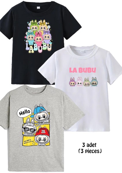 3lü Pamuk Penye Kız Erkek Unisex Çocuk Baskılı Tshirt Tişört 5 6 7 8 9 10 11 12 13 14 Yaş Labubu