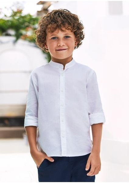 Erkek Çocuk Mao Yaka Uzun Kol Keten Gömlek 03120