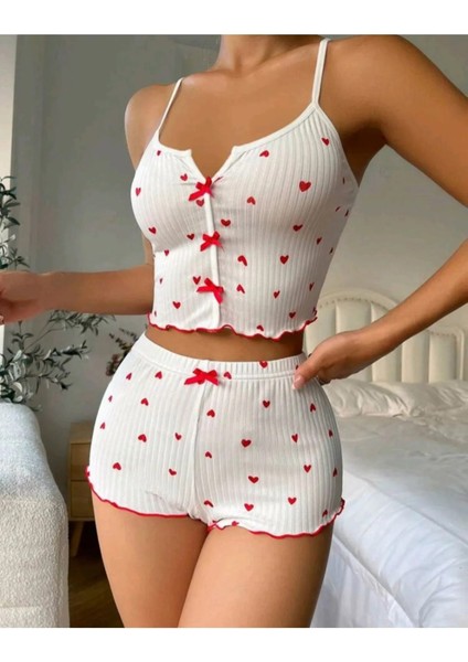 Likralı Şortlu Kalpli Beyaz Pijama Takımı