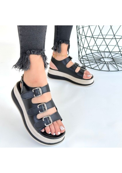 Tokalı Kemerli Ortopedik Sandalet Cilt Siyah Topuk Boyu 4,5 cm fırsatları