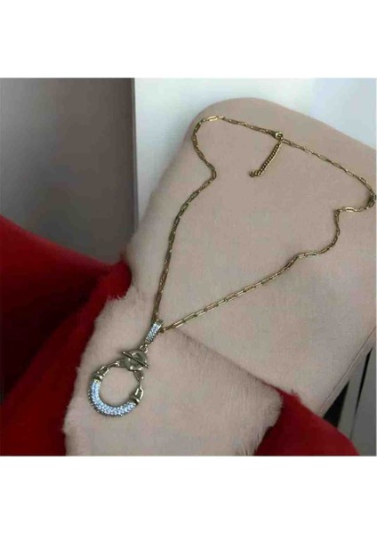 Zirkon Taşlı Halka Detaylı Çelik Kolye