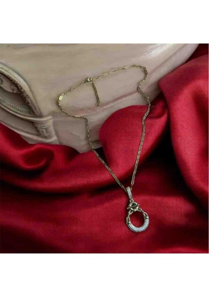 Zirkon Taşlı Halka Detaylı Çelik Kolye modelleri