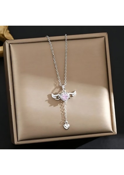 Aşkın Melek Dokunuşu - Melek Kanadı ve Kalp Figürlü Çelik Kolye - Pembe Zirkon modelleri