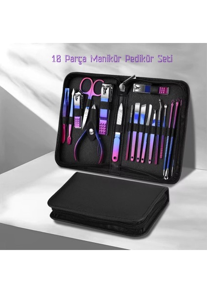 18 Parça Paslanmaz Çelik Bakım Seti, Seyahat Çantasıyla Profesyonel Tırnak ve Yüz Bakımı