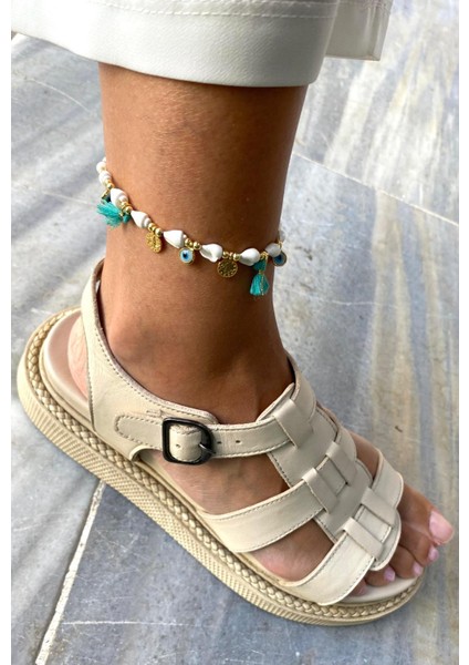 Nazar Boncuklu Pul Yuvarlak Taşlı Bej Turkuaz Renkli Halhal