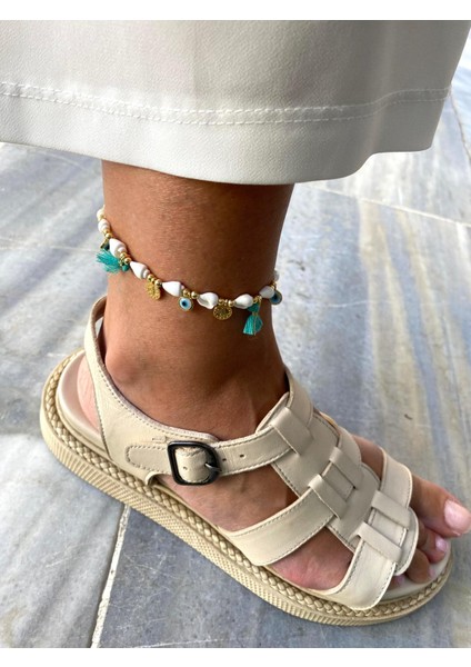 Nazar Boncuklu Pul Yuvarlak Taşlı Bej Turkuaz Renkli Halhal fiyatları