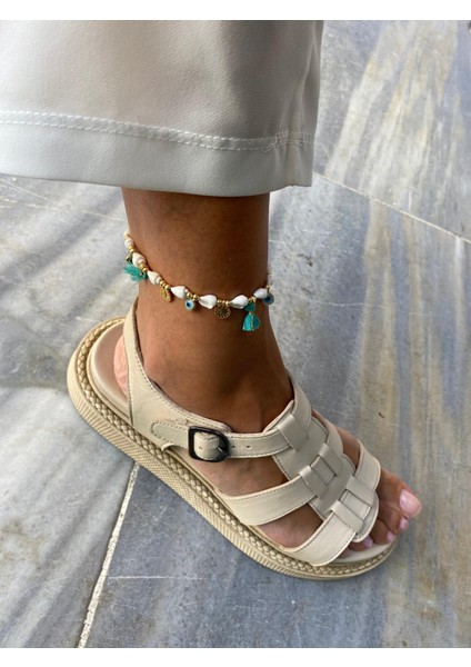 Nazar Boncuklu Pul Yuvarlak Taşlı Bej Turkuaz Renkli Halhal fırsatları