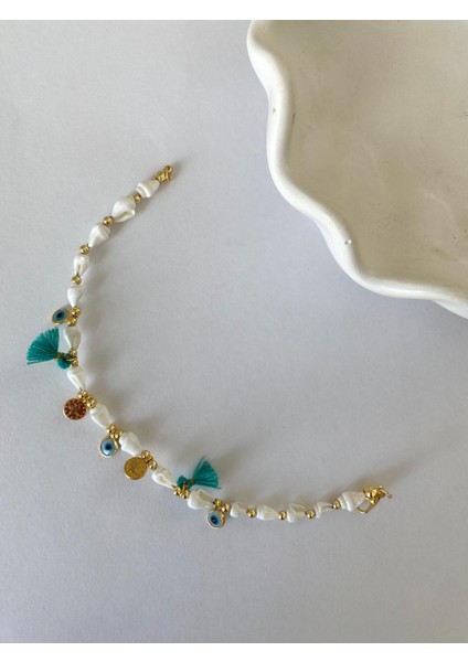 Nazar Boncuklu Pul Yuvarlak Taşlı Bej Turkuaz Renkli Halhal indirimleri